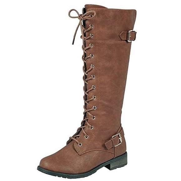 New Women Tan Lace Up Knee High Combat Boots - Picture 1 of 2